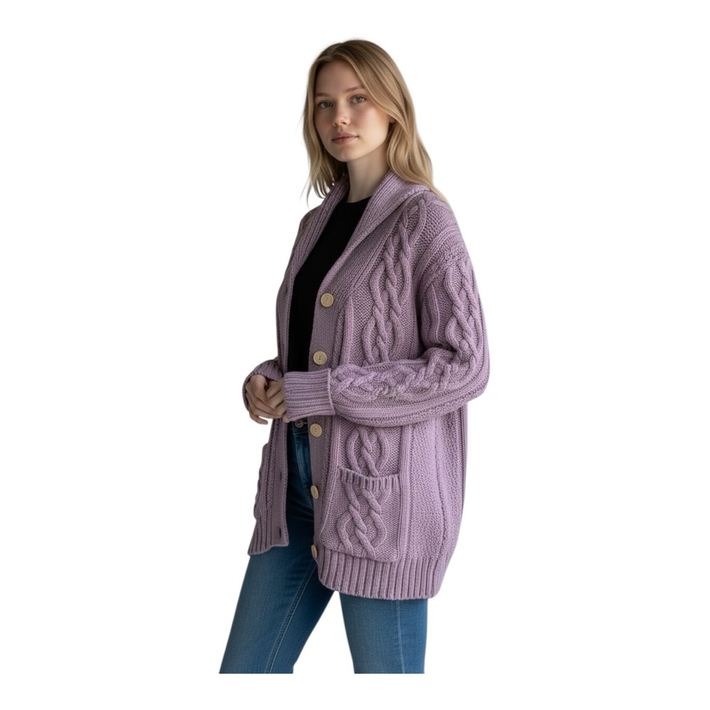 Vintage Peregrine Made In England 100% Pure New Wool Cable Knit Cardigan Sweater